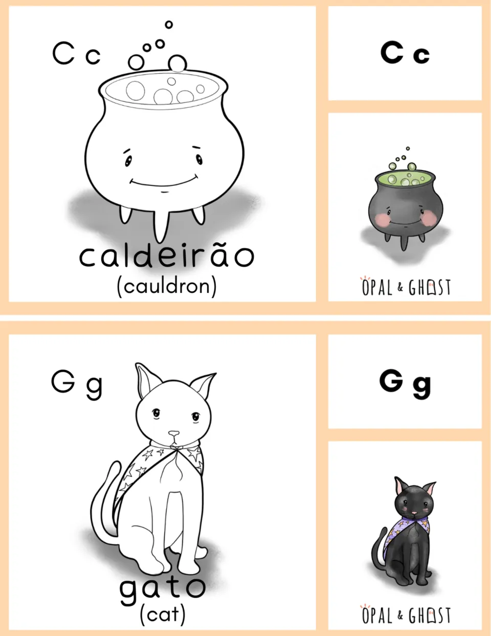 Halloween coloring flashcards: caldeirão (cauldron) and gato (cat), with letters C c and G g and colored examples.