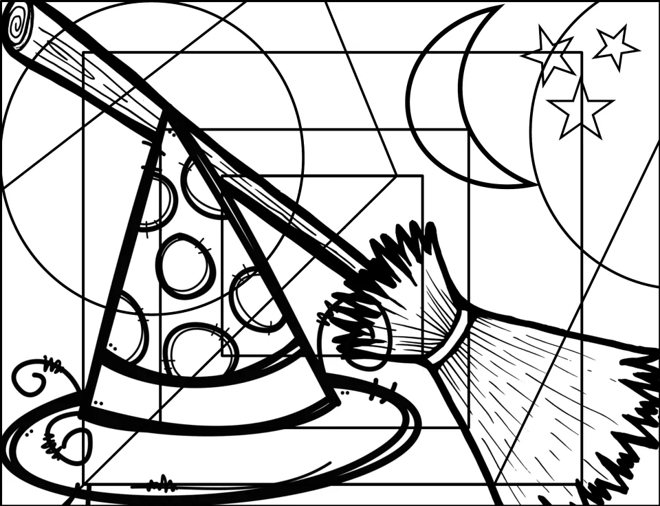 Halloween coloring page for early finishers or morning work, featuring a witch's hat, broom, moon, and stars