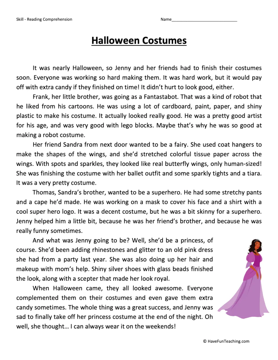 Reading passage about Jenny, Frank, Sandra, and Thomas making princess, robot, fairy, and superhero costumes.