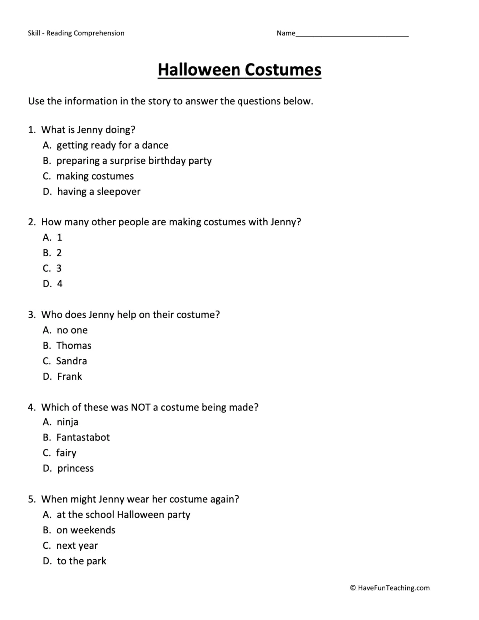 Five multiple-choice questions about Jenny's costume preparations, her friends, and wearing her costume again.
