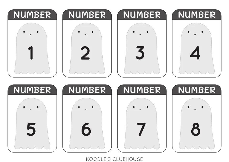 Number calling cards 1–8, each showing a numeral on a ghost, for counting ghost pieces onto a house mat