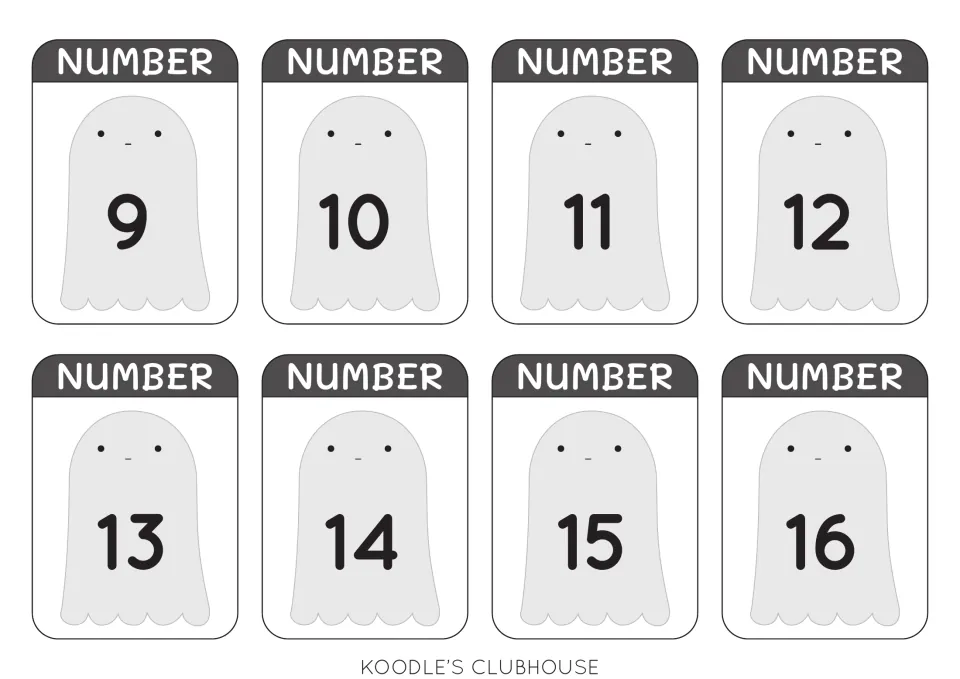 Number calling cards 9–16, each showing a numeral on a ghost, continue the set for counting ghost pieces