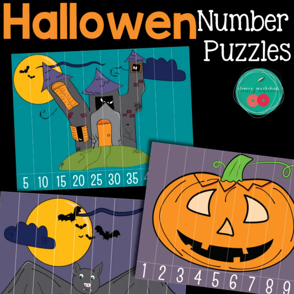 Cover of the Halloween counting puzzle set, showing haunted house, pumpkin, and bat puzzle examples