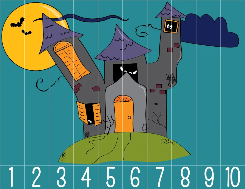 Haunted house counting puzzle with 10 pieces numbered 1 through 10 for putting the picture in order