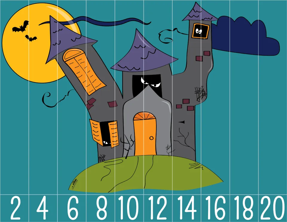 Haunted house counting puzzle with 10 pieces numbered 2 through 20 by twos to put the picture in order