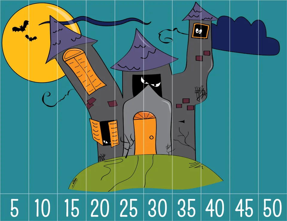 Haunted house counting puzzle with 10 pieces numbered 5 through 50 by fives to put the picture in order