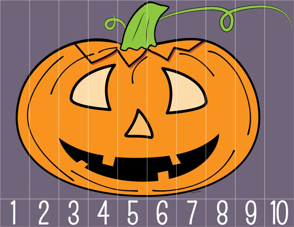 Smiling pumpkin counting puzzle with 10 pieces numbered 1 through 10 for putting the picture in order