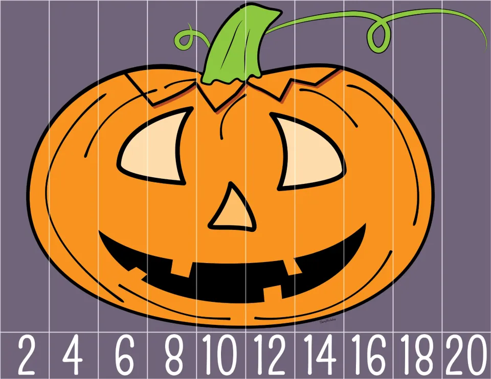 Smiling pumpkin counting puzzle with 10 pieces numbered 2 through 20 by twos to put the picture in order