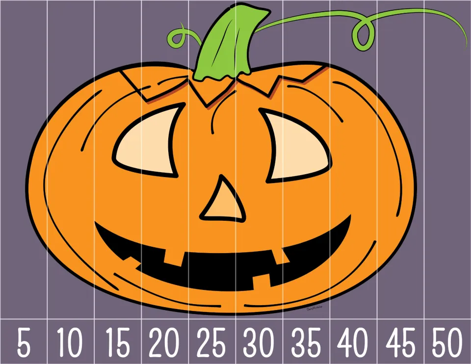 Smiling pumpkin counting puzzle with 10 pieces numbered 5 through 50 by fives to put the picture in order