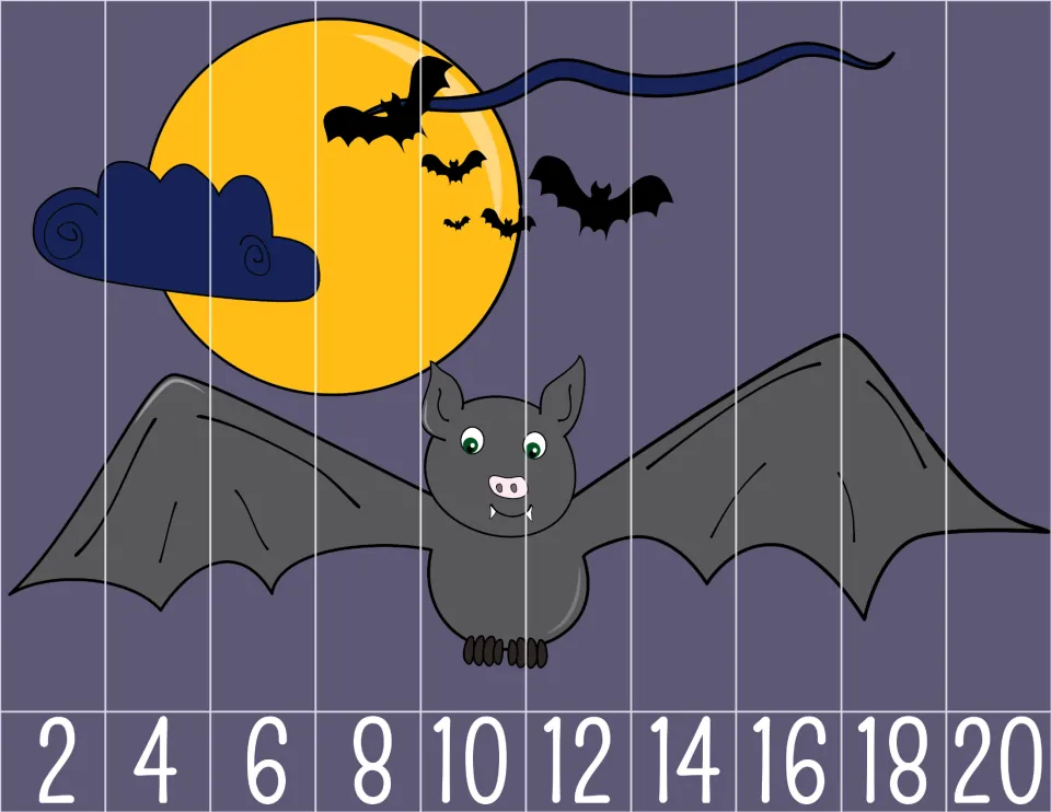 Bat and moon counting puzzle with 10 pieces numbered 2 through 20 by twos to put the picture in order