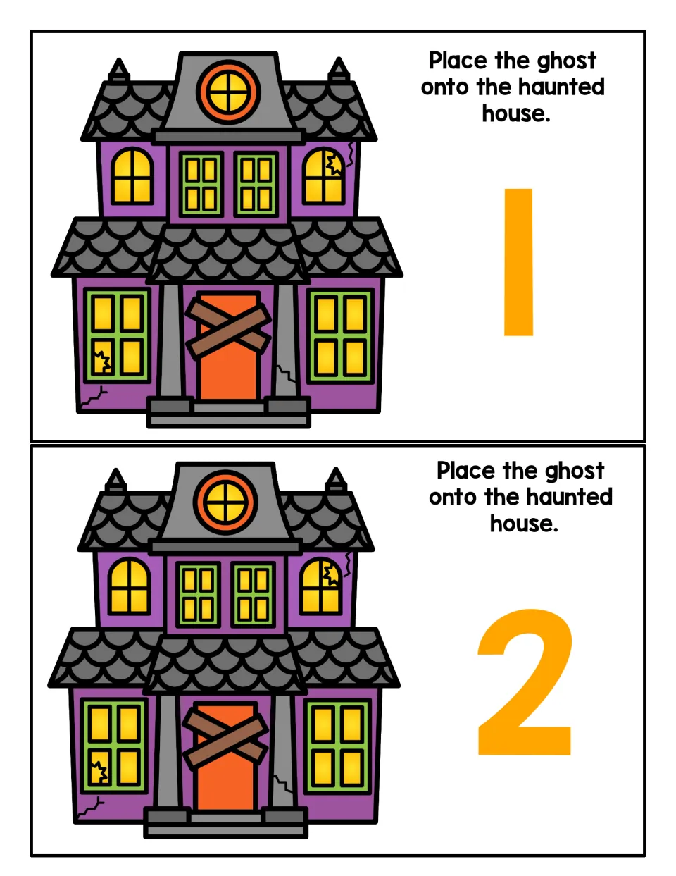 Counting playdough mats 1 and 2: each shows a haunted house and says, 'Place the ghost onto the haunted house.'