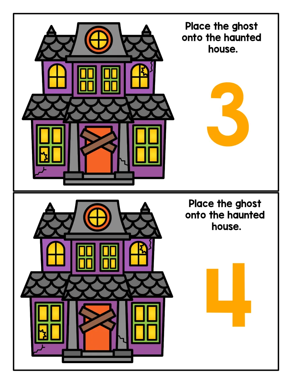 Counting playdough mats 3 and 4: each shows a haunted house and says, 'Place the ghost onto the haunted house.'