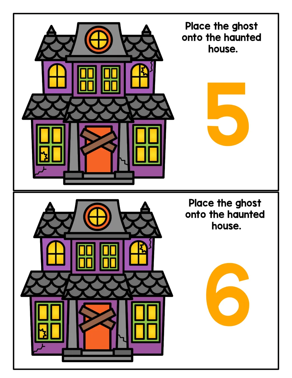 Counting playdough mats 5 and 6: each shows a haunted house and says, 'Place the ghost onto the haunted house.'