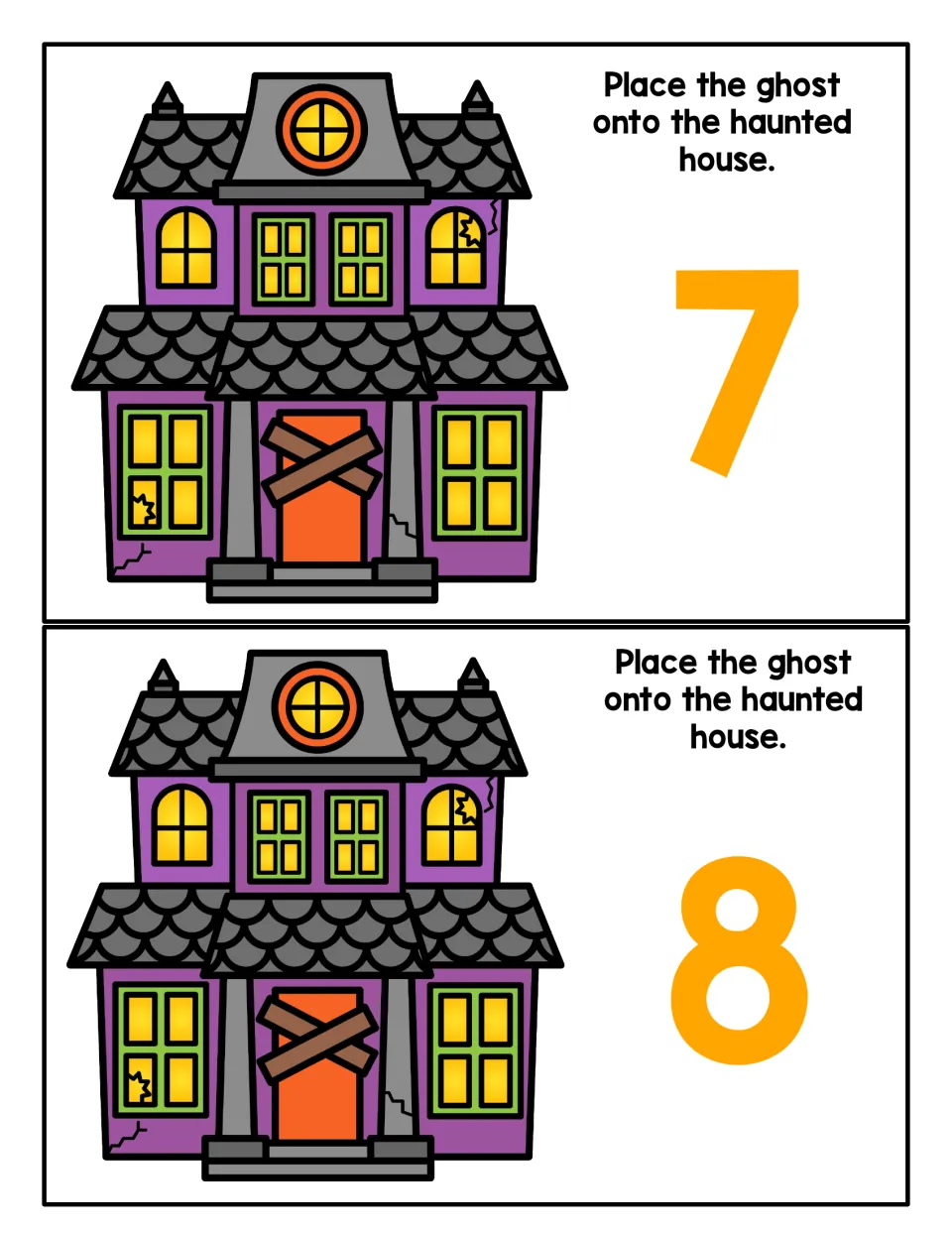 Counting playdough mats 7 and 8: each shows a haunted house and says, 'Place the ghost onto the haunted house.'