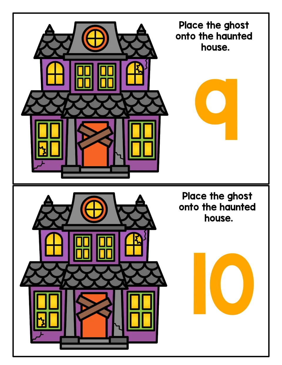 Counting playdough mats 9 and 10: each shows a haunted house and says, 'Place the ghost onto the haunted house.'