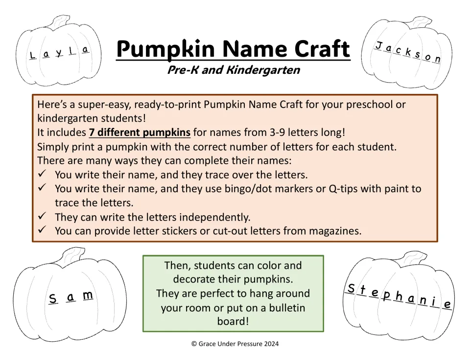 Pumpkin Name Craft cover: 7 pumpkins for names of 3 to 9 letters, with ways to trace, dot-paint or sticker each name