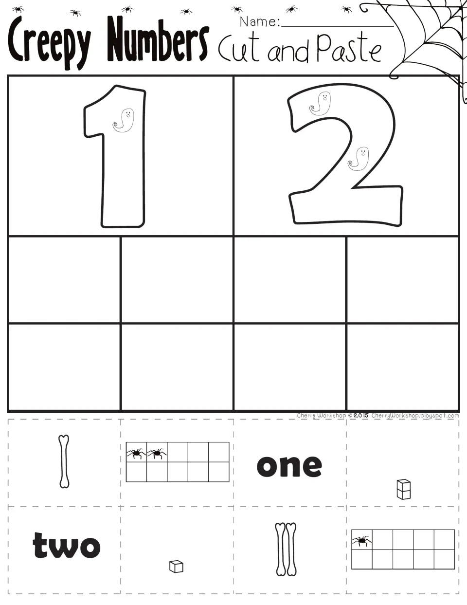 Cut-and-paste number practice for 1 and 2: match number words, spider ten frames, bone tallies, and blocks.