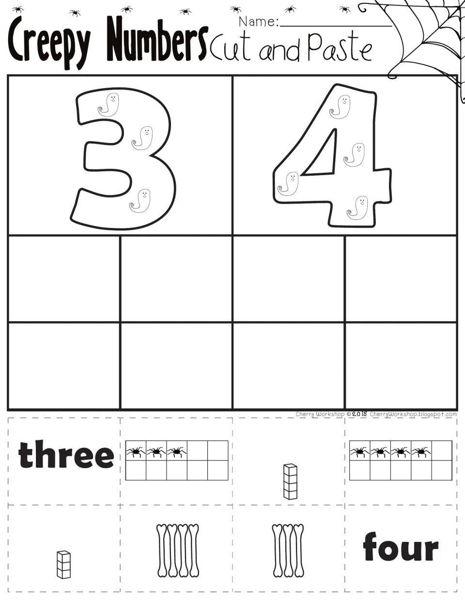 Cut-and-paste number practice for 3 and 4: match number words, spider ten frames, bone tallies, and blocks.