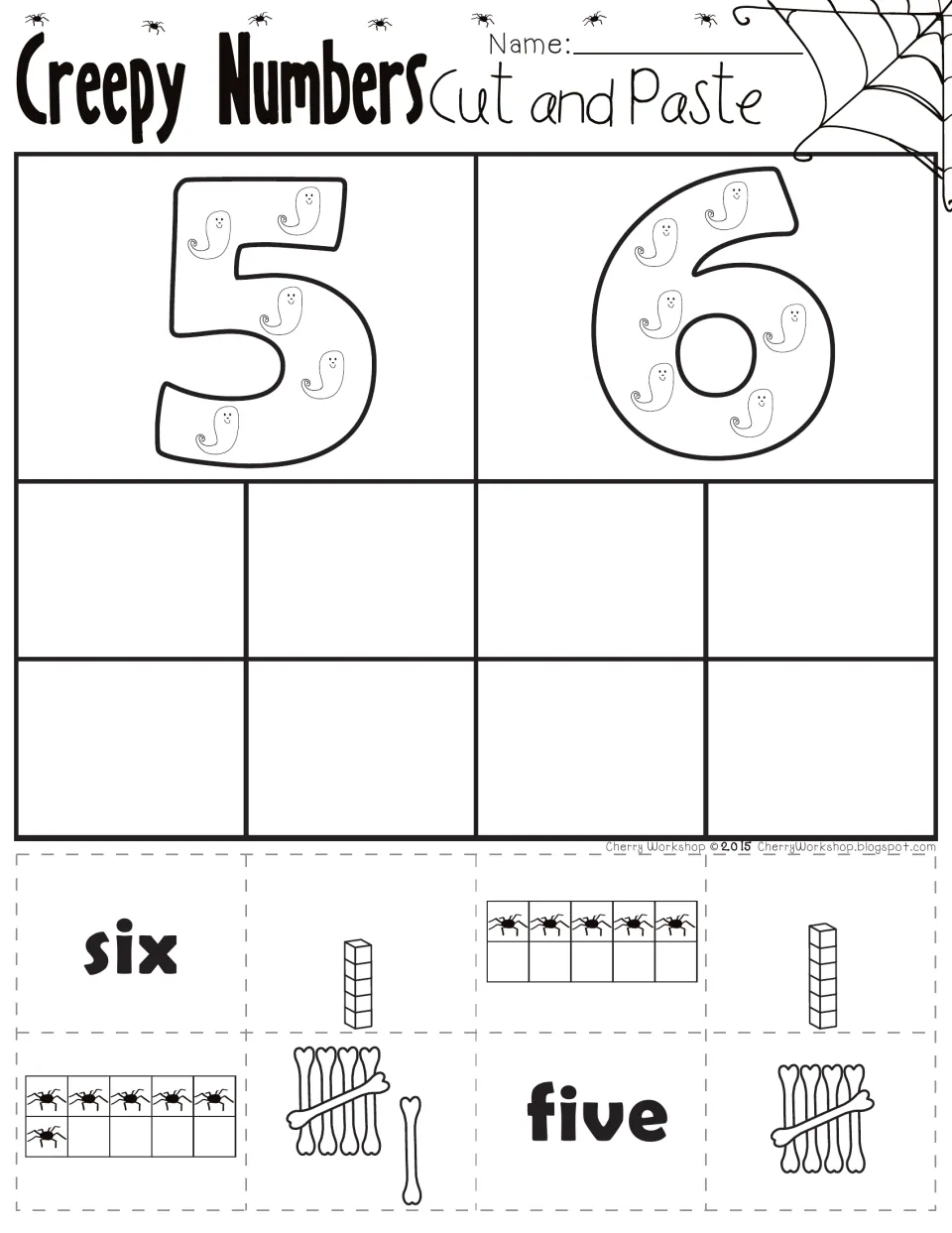 Cut-and-paste number practice for 5 and 6: match number words, spider ten frames, bone tallies, and blocks.