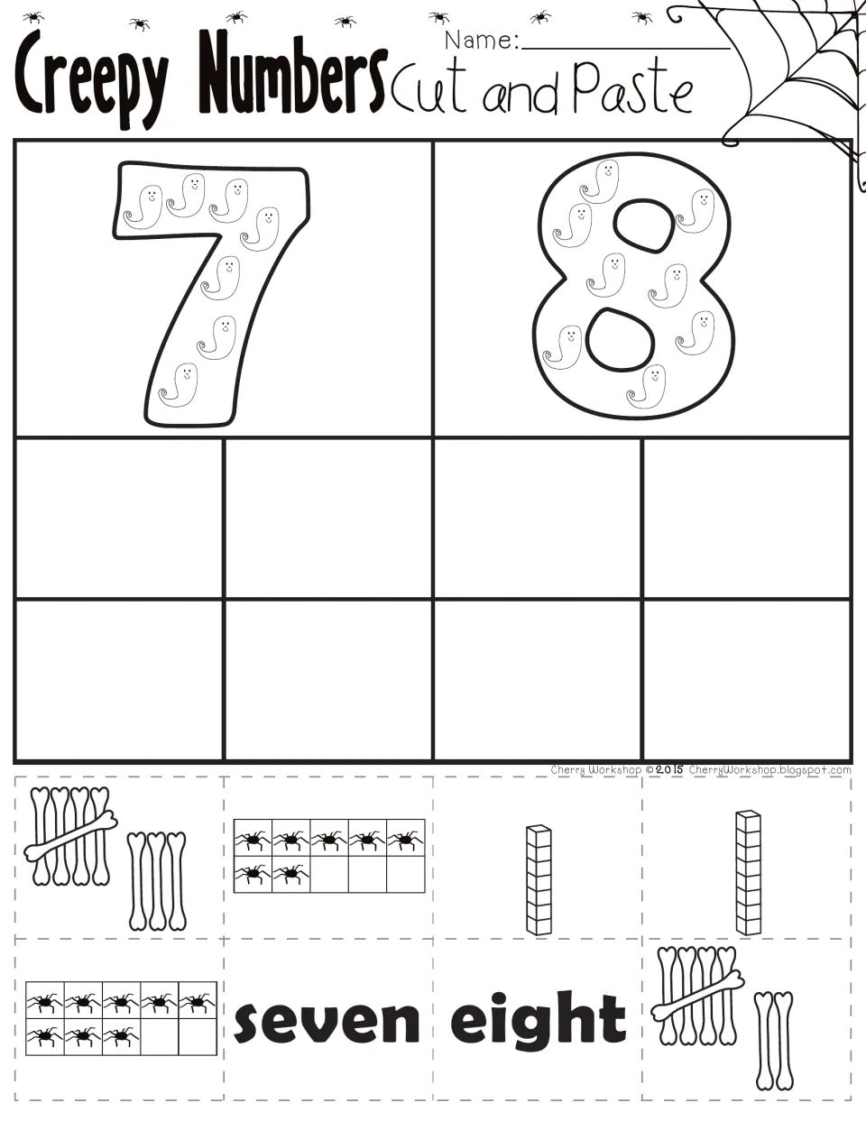 Cut-and-paste number practice for 7 and 8: match number words, spider ten frames, bone tallies, and blocks.