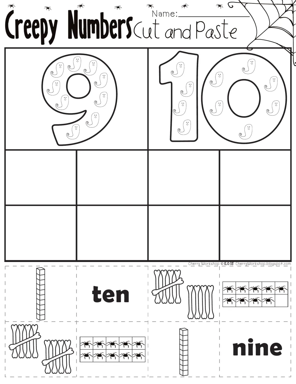 Cut-and-paste number practice for 9 and 10: match number words, spider ten frames, bone tallies, and blocks.