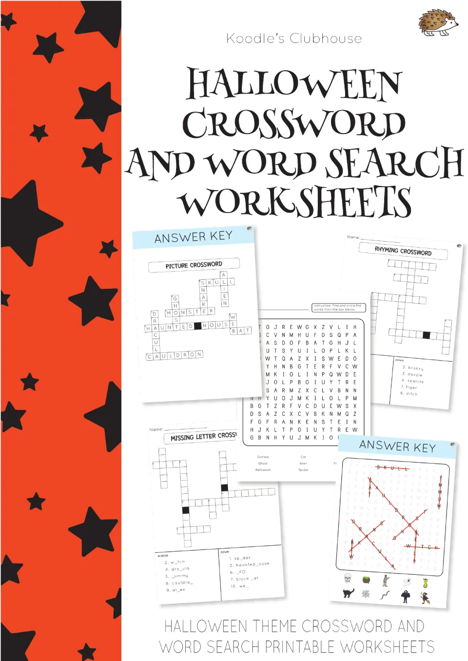 Halloween Crossword and Word Search Worksheets cover showing picture, missing letter and rhyming puzzles with answer keys