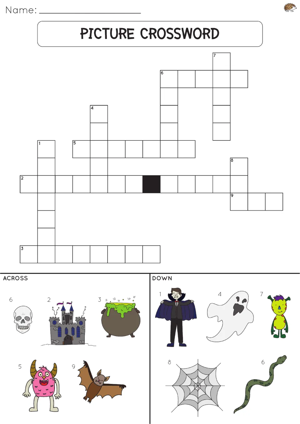 Halloween picture crossword: students name pictured clues such as a ghost, bat, cauldron and skull to complete the puzzle