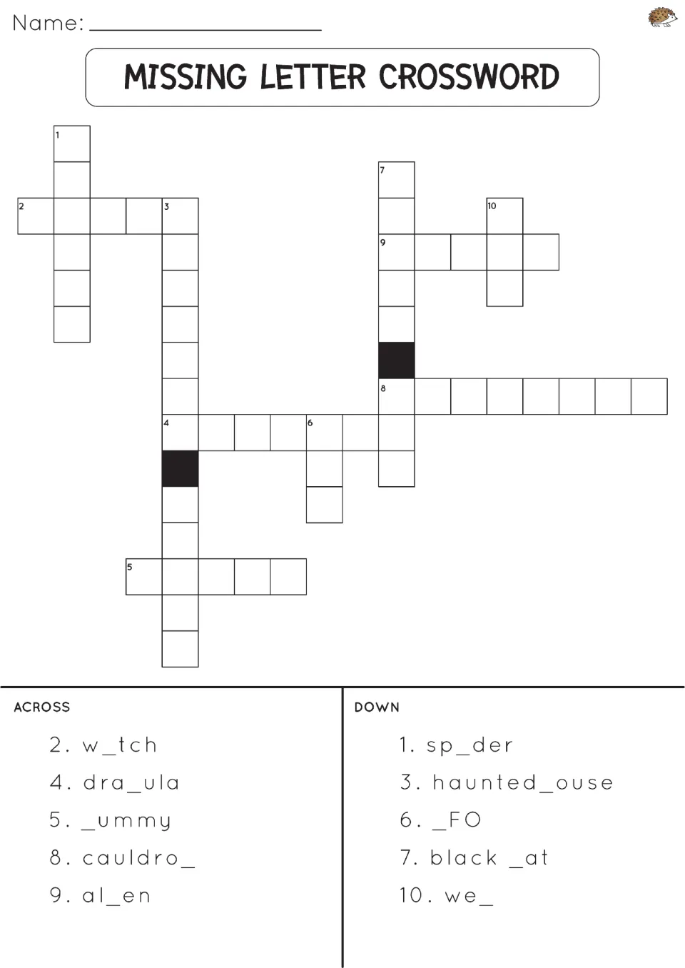 Missing letter crossword: students fill the blank in Halloween words like w_tch, dra_ula and sp_der, then enter them