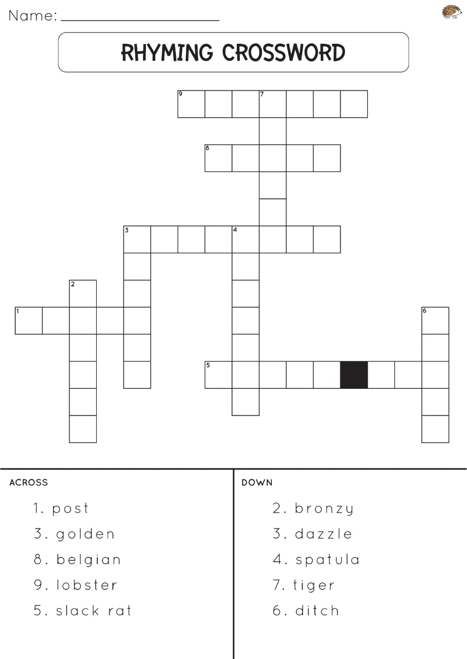 Rhyming crossword: students write Halloween words that rhyme with clues such as post, golden, lobster and spatula