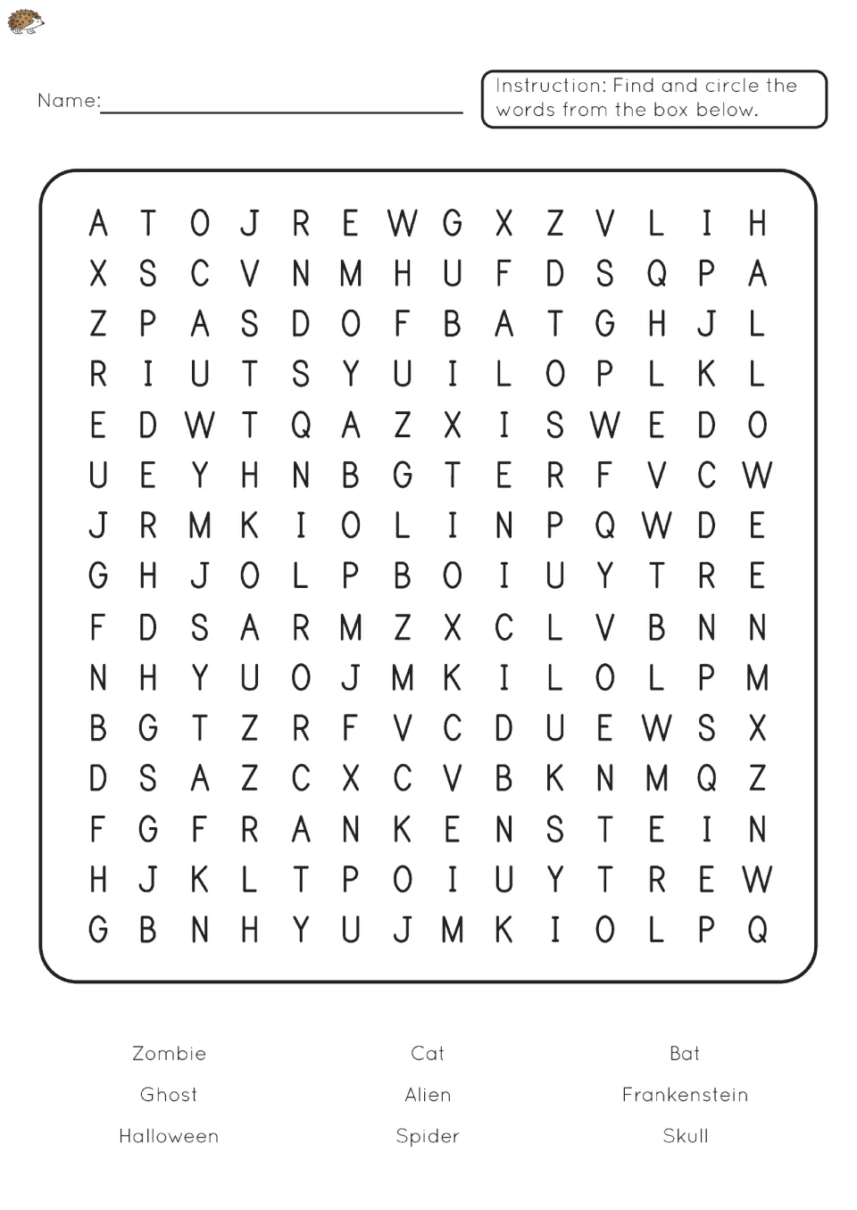 Halloween word search: students find and circle 9 words including zombie, ghost, Frankenstein, skull and spider