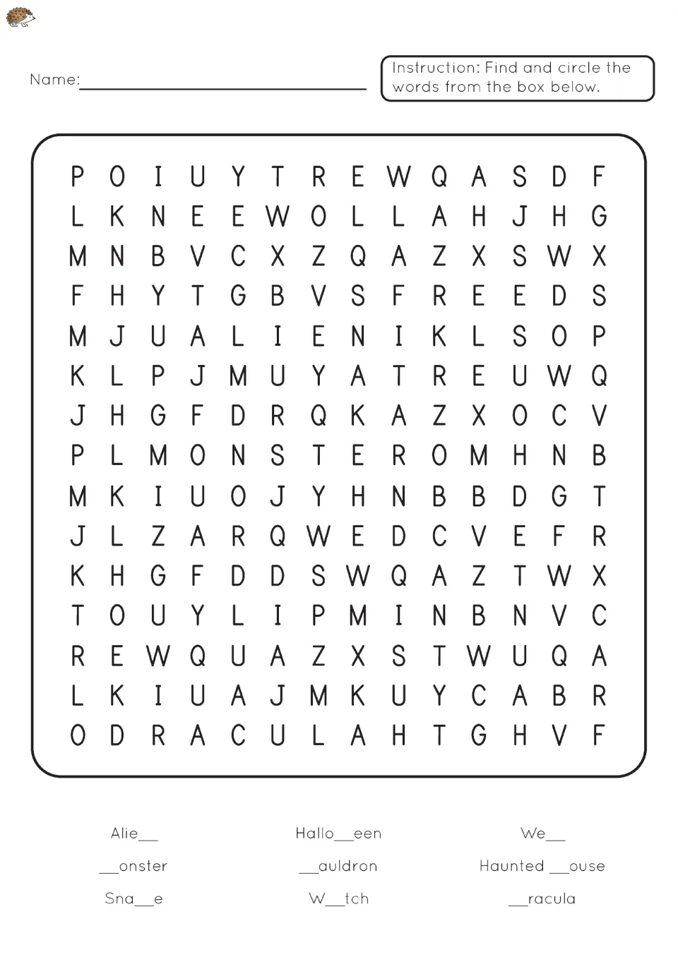 Missing letter word search: students complete words like Alie__, __onster and W__tch, then find and circle each one
