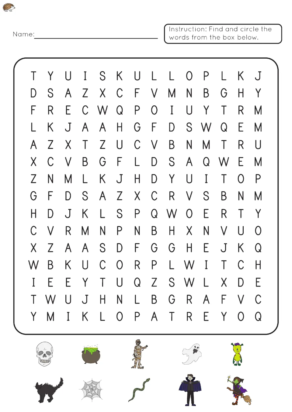 Picture word search: students name 10 Halloween pictures such as a skull, mummy, witch and black cat, then circle them