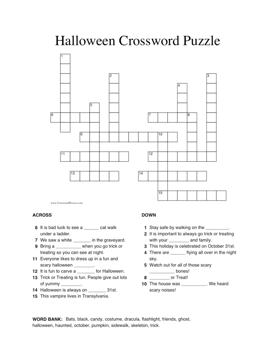 Halloween vocabulary crossword: students solve 15 fill-in-the-blank clues using a word bank with ghost, candy and pumpkin