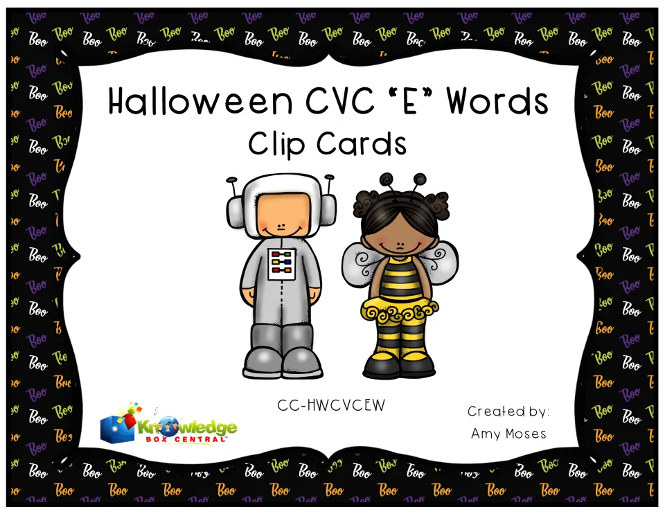Halloween CVC 'E' Words Clip Cards cover, with a child in an astronaut costume and a child in a bee costume