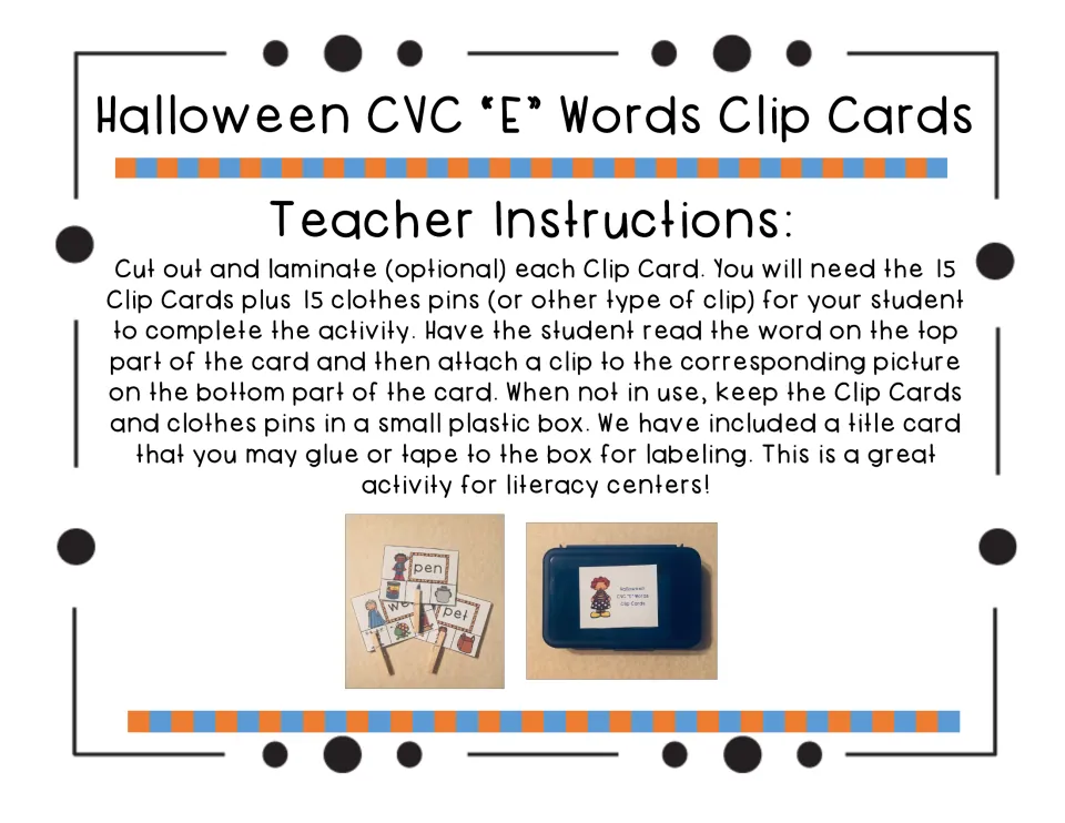 Teacher instructions: cut out and laminate the 15 clip cards, then students clip the picture matching each word