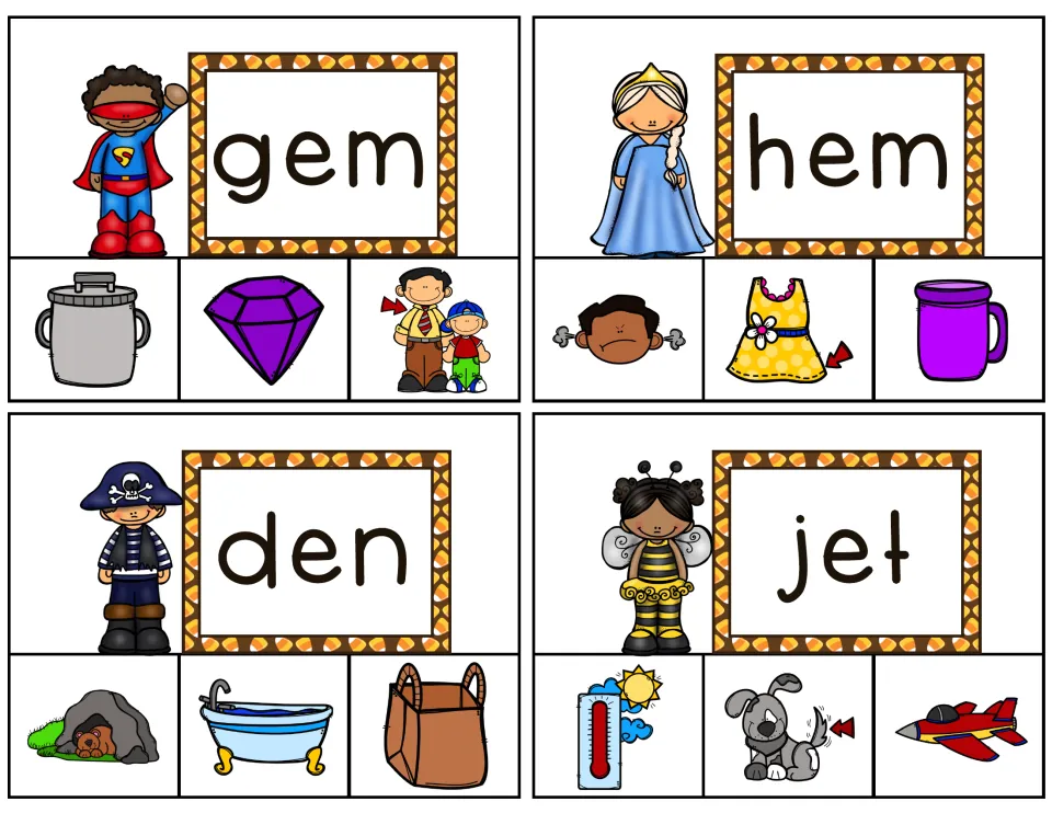 Clip cards 1–4 with the words gem, hem, den and jet, each above three pictures to choose from