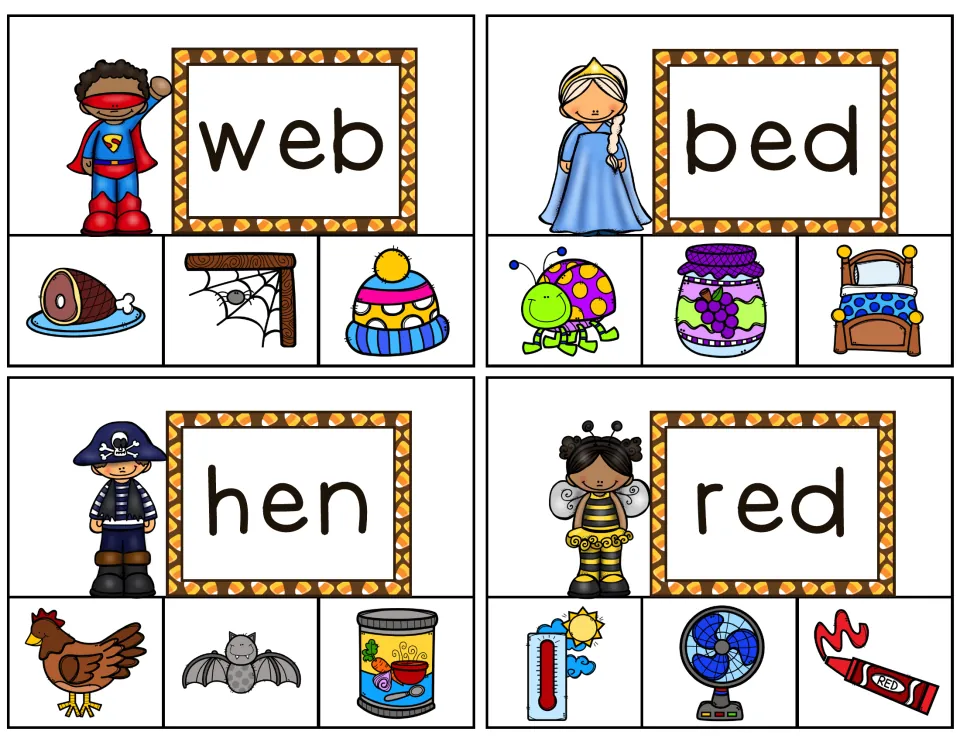 Clip cards 5–8 with the words web, bed, hen and red; pictures include a spider web, a bed, a hen and a red crayon