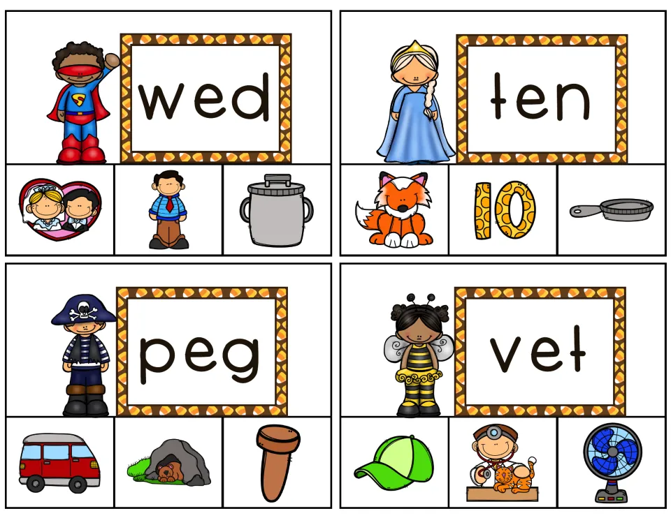 Clip cards 9–12 with the words wed, ten, peg and vet, each paired with three pictures, one a match