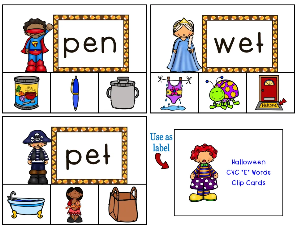 Clip cards 13–15 (pen, wet, pet) plus a 'Use as label' title card to glue on the storage box