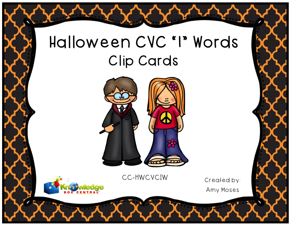 Halloween CVC "I" Words Clip Cards cover, showing a wizard costume and a hippie costume, by Amy Moses