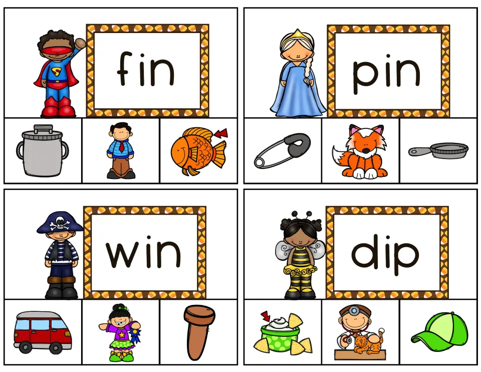 Clip cards 1–4: fin, pin, win and dip, each with three picture choices such as a fish, safety pin and dip