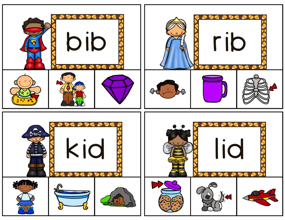 Clip cards 5–8: bib, rib, kid and lid, with picture choices including a baby's bib, ribs, a girl and a jar lid
