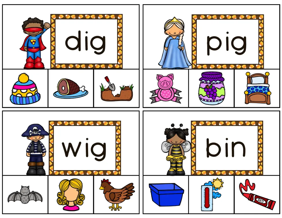 Clip cards 9–12: dig, pig, wig and bin, with picture choices such as a shovel in dirt, a pig, a wig and a blue bin