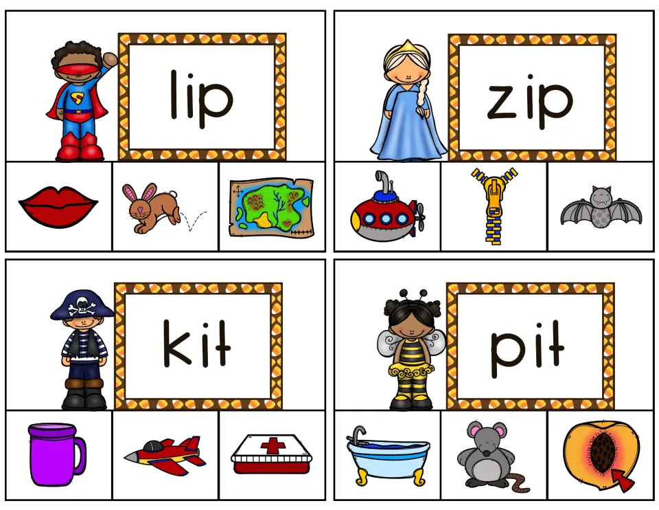 Clip cards 13–16: lip, zip, kit and pit, with pictures such as lips, a zipper, a first aid kit and a peach pit