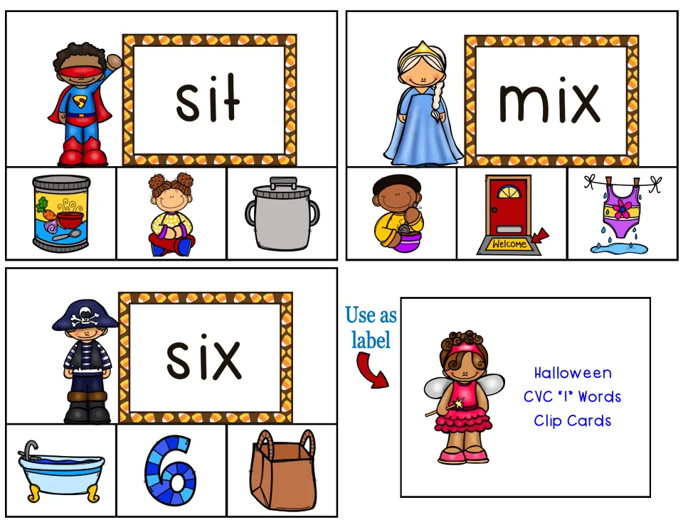 Clip cards 17–19: sit, mix and six with picture choices like the number 6, plus the storage box title label