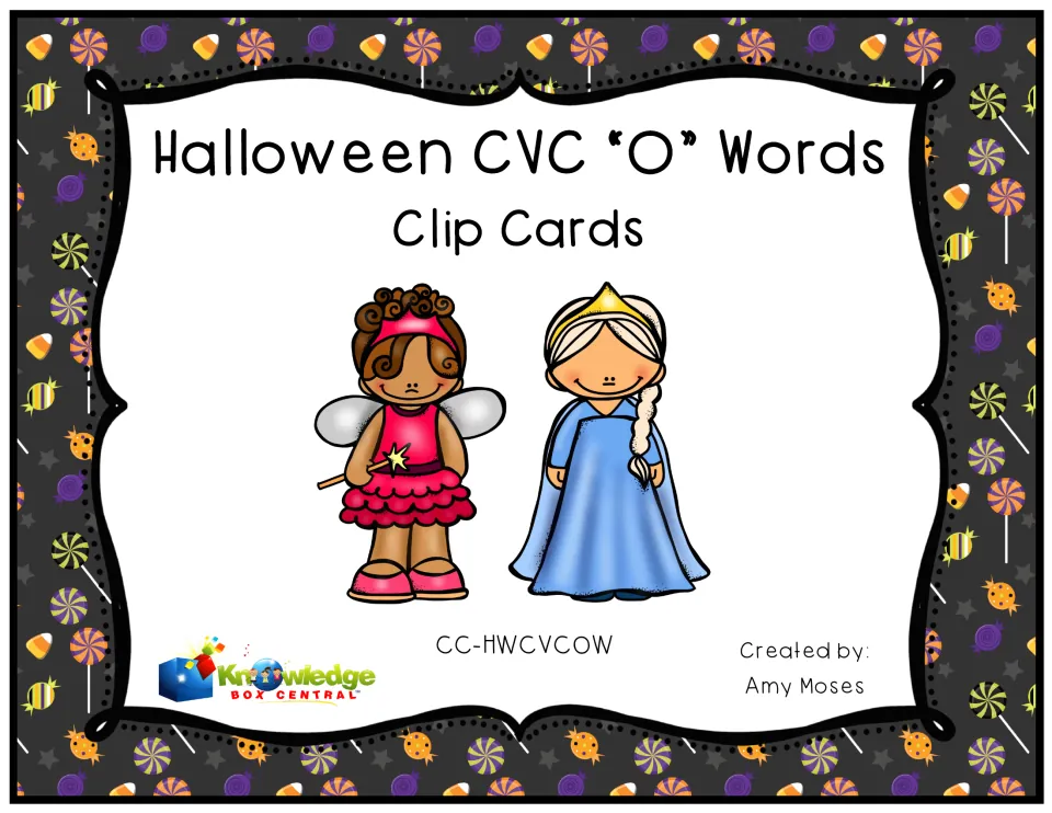 Halloween CVC 'O' Words Clip Cards cover, showing two children in fairy and princess costumes