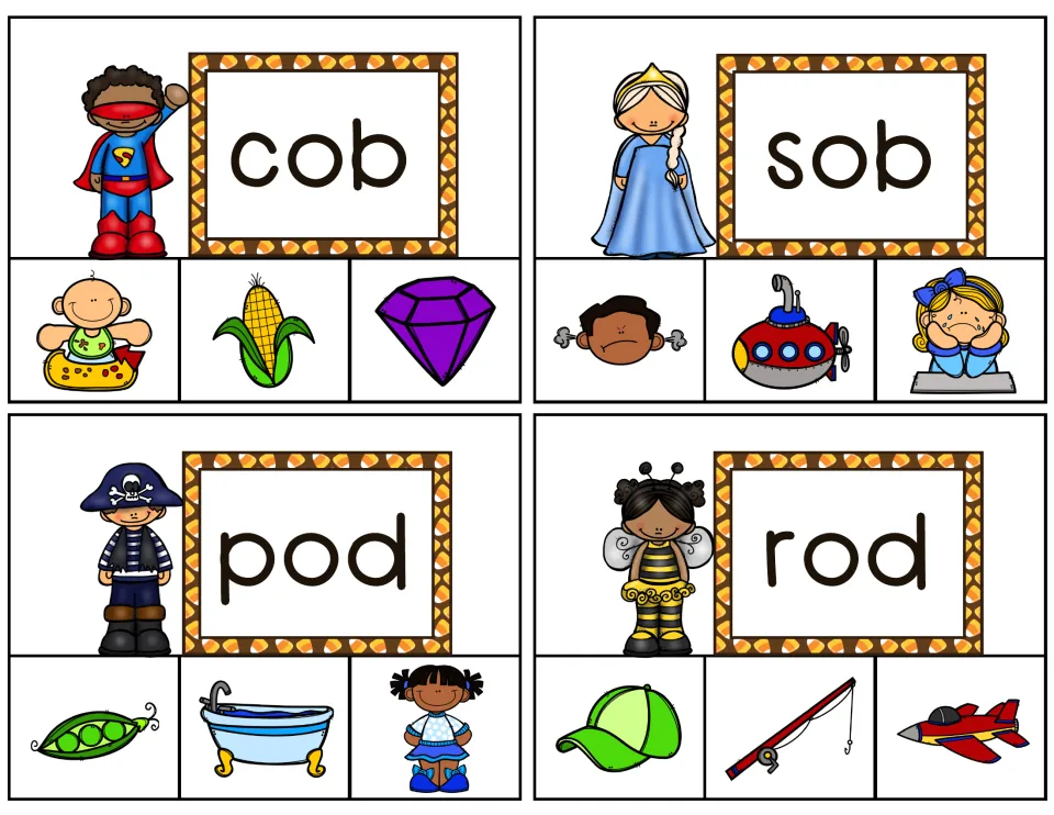 Clip cards 1–4: cob, sob, pod and rod, each word with three pictures to choose from, such as corn and a pea pod