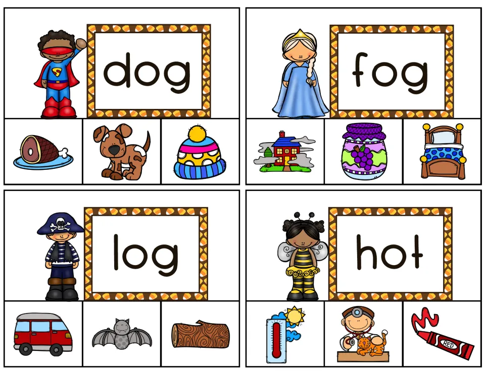 Clip cards 5–8: dog, fog, log and hot, each with three picture choices, including a dog, a log and a thermometer