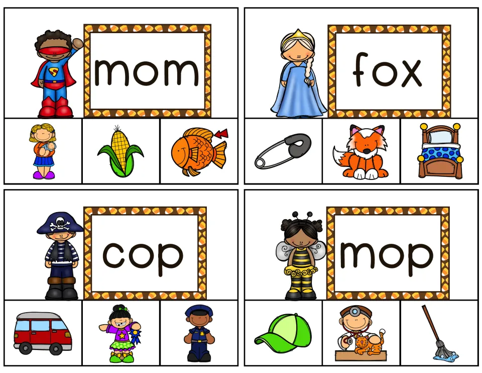 Clip cards 9–12: mom, fox, cop and mop, each with three picture choices, including a fox, an officer and a mop