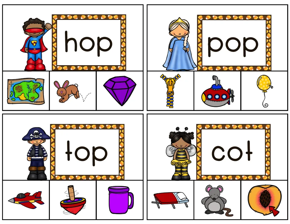 Clip cards 13–16: hop, pop, top and cot, each with three picture choices, including a rabbit and a spinning top